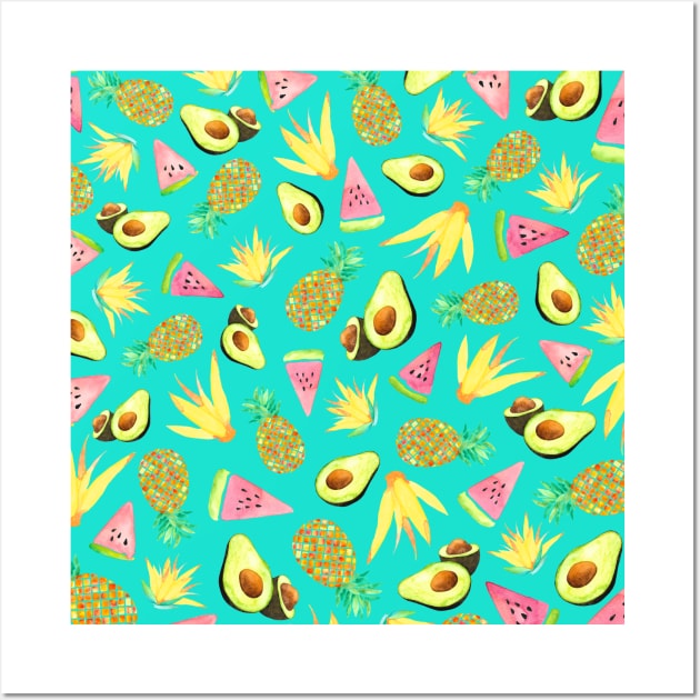 Tropical Fruit Salad Aqua Wall Art by AmayaBrydon